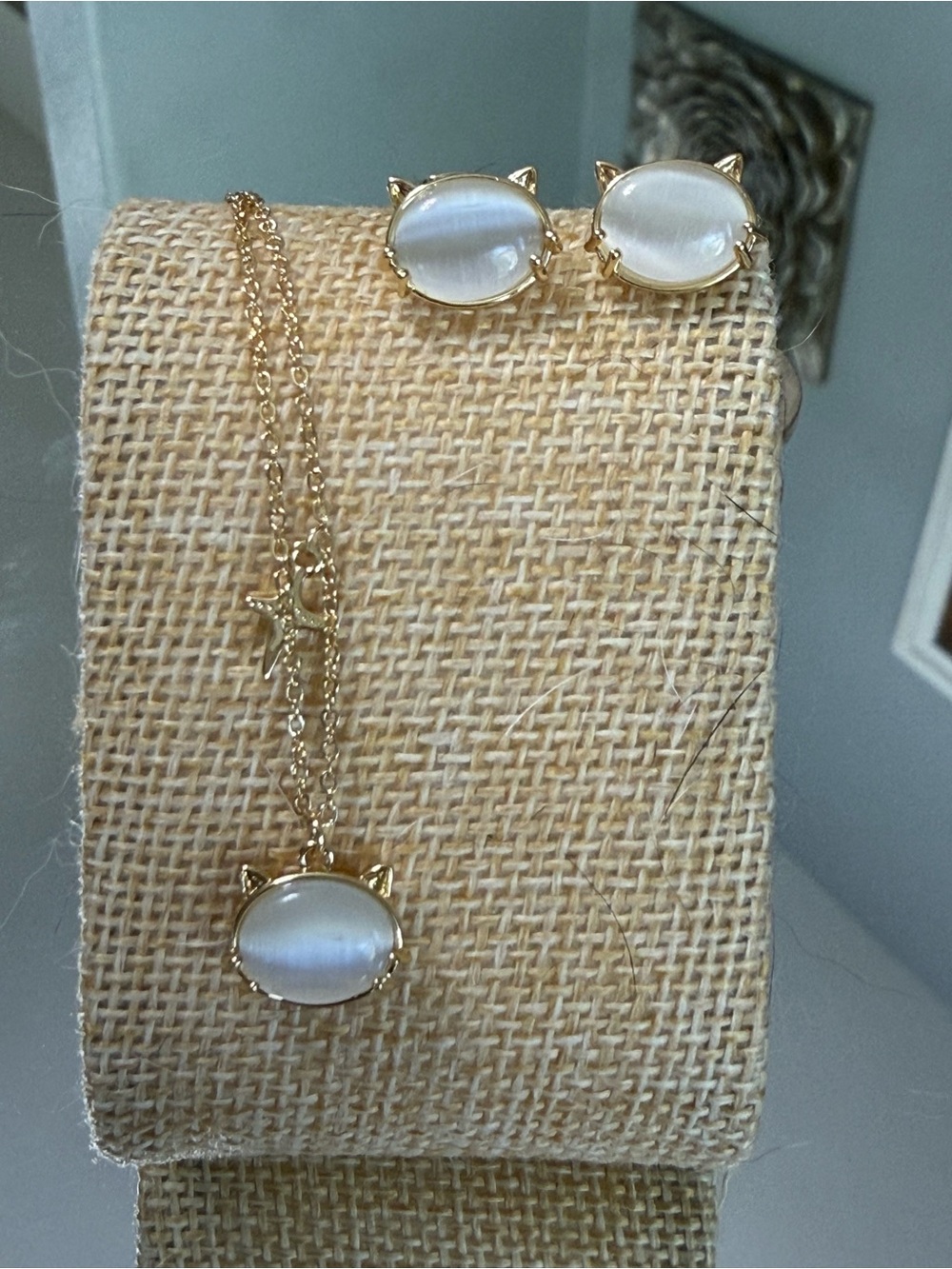 Gold-Tone Cat Ear Pendant Necklace with White Stone - Women's Jewelry